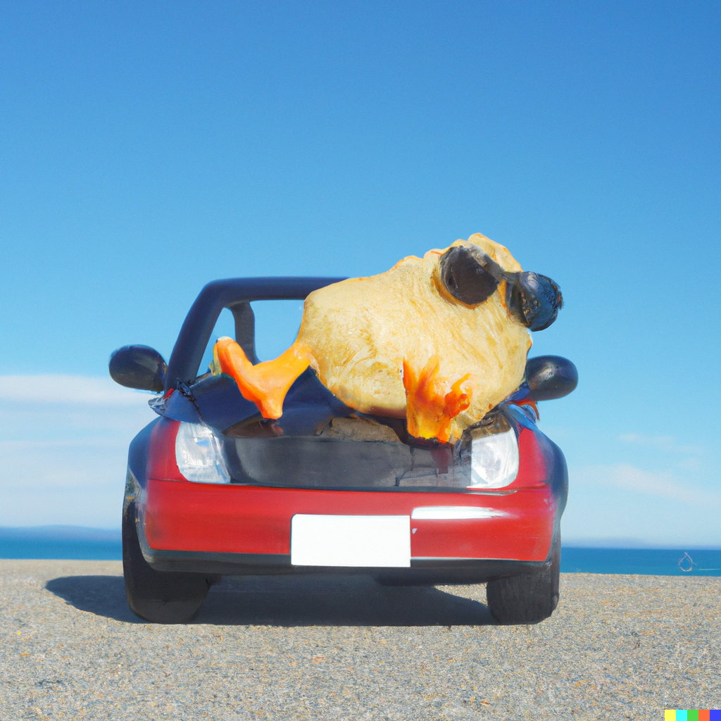 AI generated chicken nugget sunbathing on a car